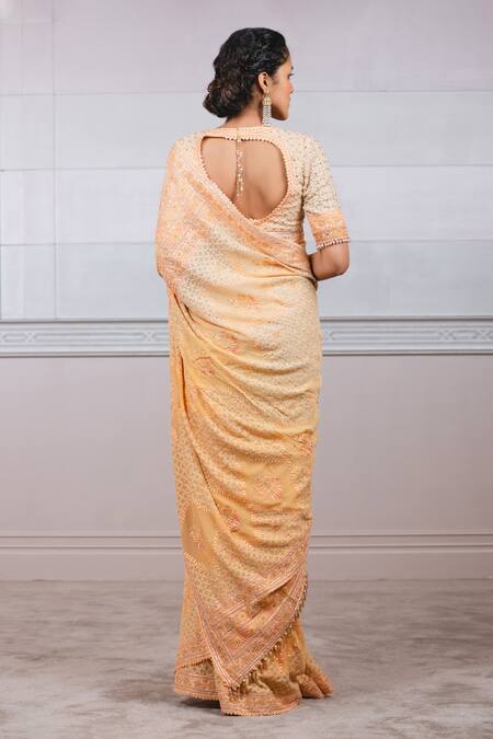 Shop_Tarun Tahiliani_Yellow Silk Chiffon Chikankari Saree With Blouse_at_Aza_Fashions