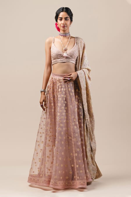 Tarun Tahiliani Pink Silk Chiffon V Neck Chikankari Lehenga Set 