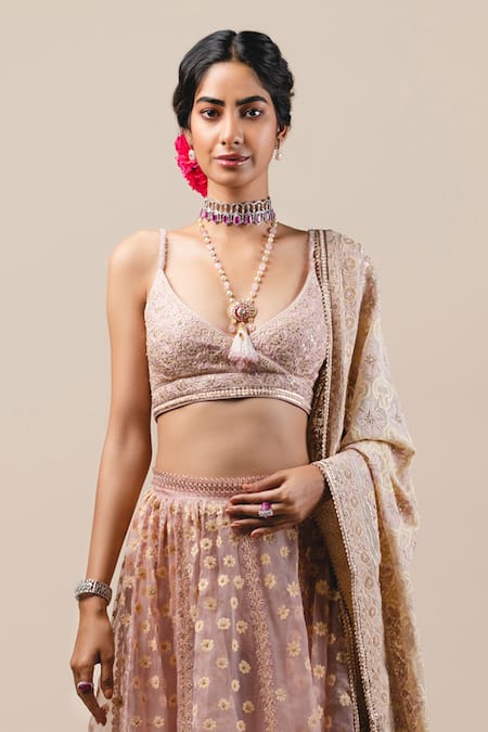 Tarun Tahiliani_Pink , Tulle, Chiffon V Neck Chikankari Lehenga Set _Online_at_Aza_Fashions