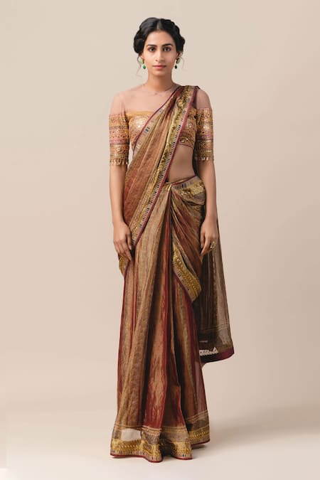 Tarun Tahiliani Red Georgette Round Printed Draped Saree With Blouse 