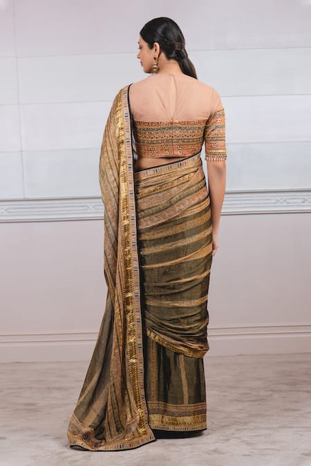 Shop_Tarun Tahiliani_Black Georgette Round Printed Zari Pre-draped Saree Set _at_Aza_Fashions