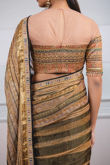 Shop_Tarun Tahiliani_Black Georgette Round Printed Zari Pre-draped Saree Set _Online_at_Aza_Fashions