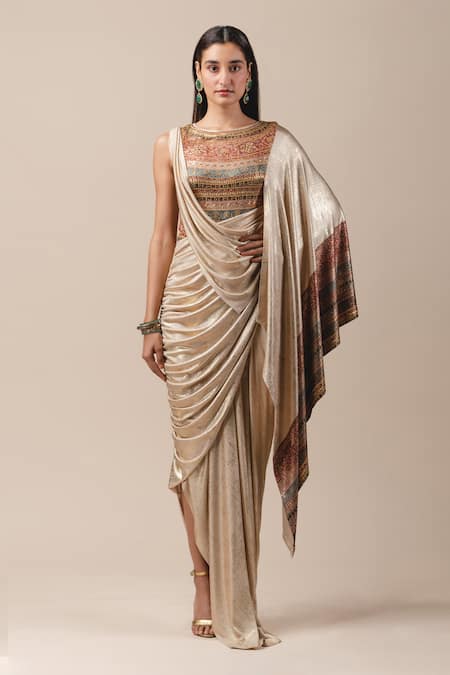 Tarun Tahiliani Metallic Draped Saree Gown 