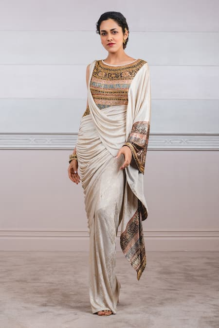 Tarun Tahiliani Metallic Foil Jersey Pre-Draped Saree 