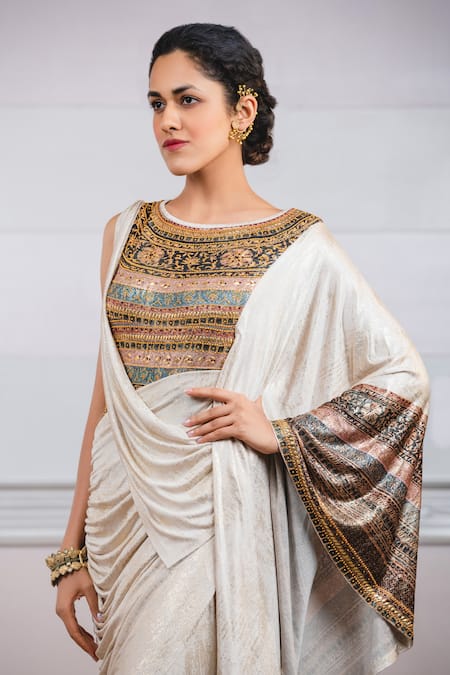 Tarun Tahiliani_White Foil Jersey Round Metallic Pre-draped Saree_Online_at_Aza_Fashions