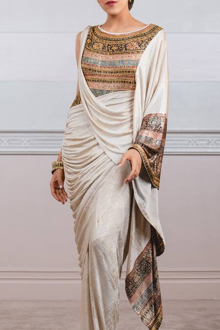 Buy_Tarun Tahiliani_White Foil Jersey Round Metallic Pre-draped Saree_Online_at_Aza_Fashions