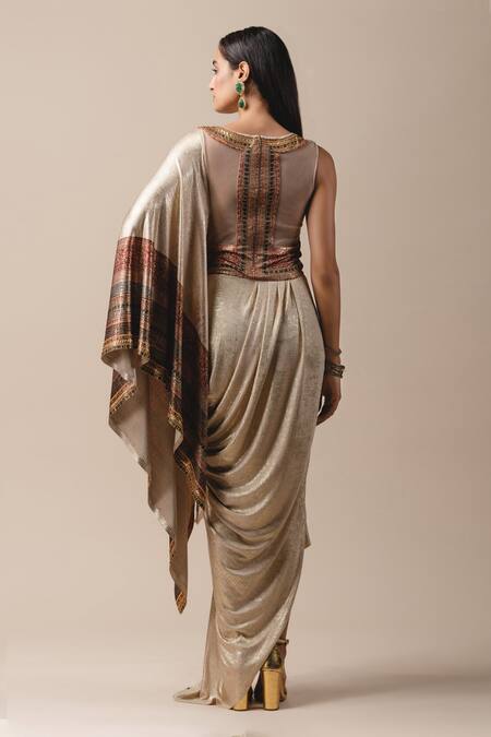 Shop_Tarun Tahiliani_Red Foil Jersey Round Metallic Draped Saree Gown_at_Aza_Fashions