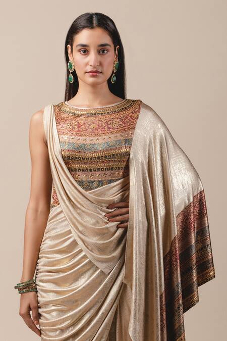 Tarun Tahiliani_Red Foil Jersey Round Metallic Draped Saree Gown_Online_at_Aza_Fashions