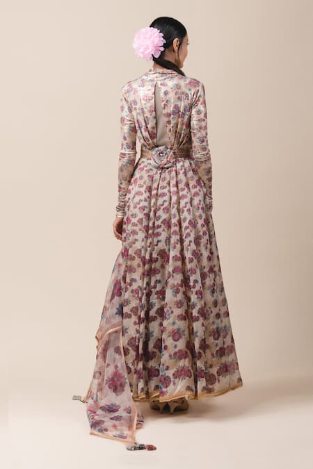 Shop_Tarun Tahiliani_Beige Silk, Satin Organza, Foil Jersey V Neck Floral Print Anarkali Set _at_Aza_Fashions