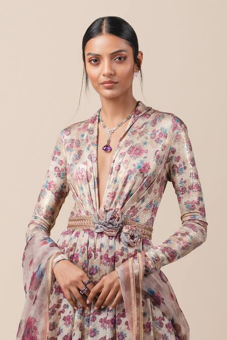 Tarun Tahiliani_Beige Silk, Satin Organza, Foil Jersey V Neck Floral Print Anarkali Set _Online_at_Aza_Fashions