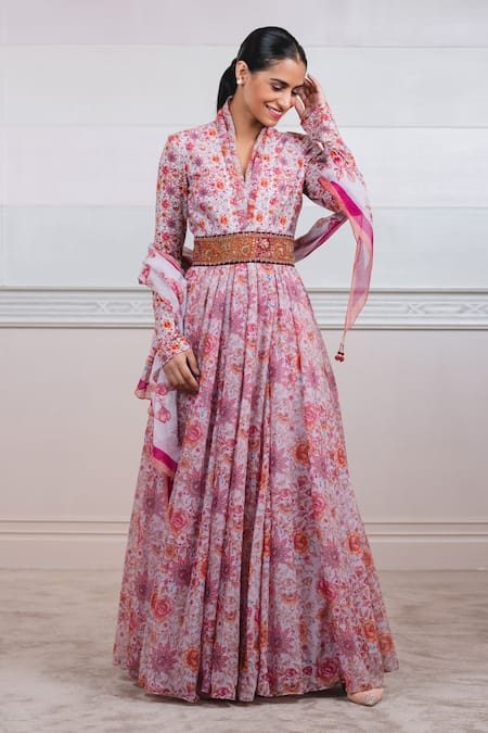 Tarun Tahiliani Peach Kota V Neck Floral Print Anarkali With Scarf 