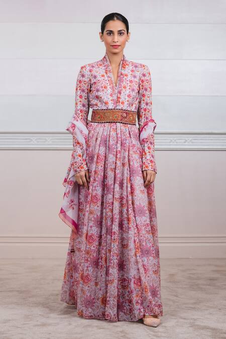 Tarun Tahiliani Peach Kota V Neck Floral Print Anarkali With Scarf Online at Aza Fashions Tarun Tahiliani_Peach Kota V Neck Floral Print Anarkali With Scarf_Online_at_Aza_Fashions