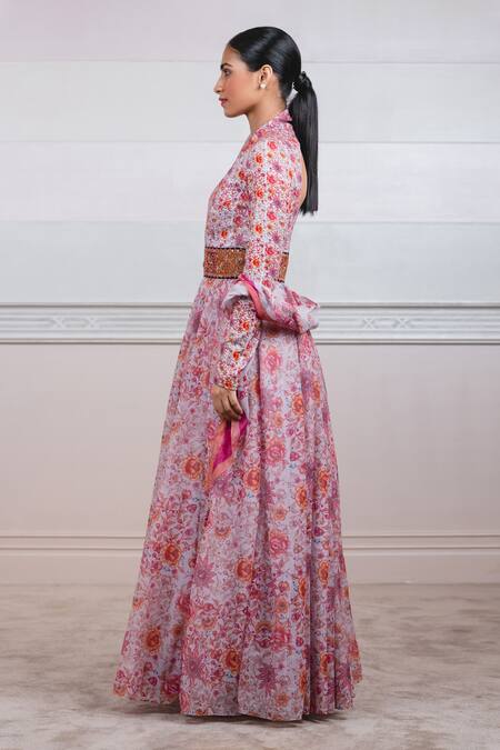 Buy Tarun Tahiliani Peach Kota V Neck Floral Print Anarkali With Scarf Online at Aza Fashions Buy_Tarun Tahiliani_Peach Kota V Neck Floral Print Anarkali With Scarf_Online_at_Aza_Fashions