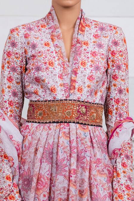 Shop Tarun Tahiliani Peach Kota V Neck Floral Print Anarkali With Scarf Online at Aza Fashions Shop_Tarun Tahiliani_Peach Kota V Neck Floral Print Anarkali With Scarf_Online_at_Aza_Fashions