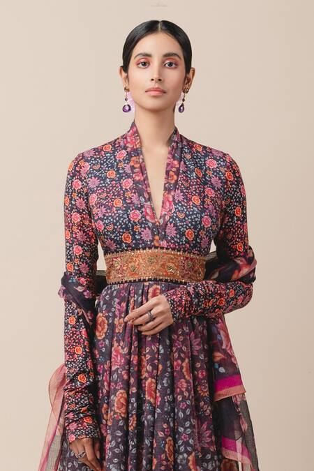 Tarun Tahiliani_Black Kota V Neck Floral Print Anarkali Set_Online_at_Aza_Fashions