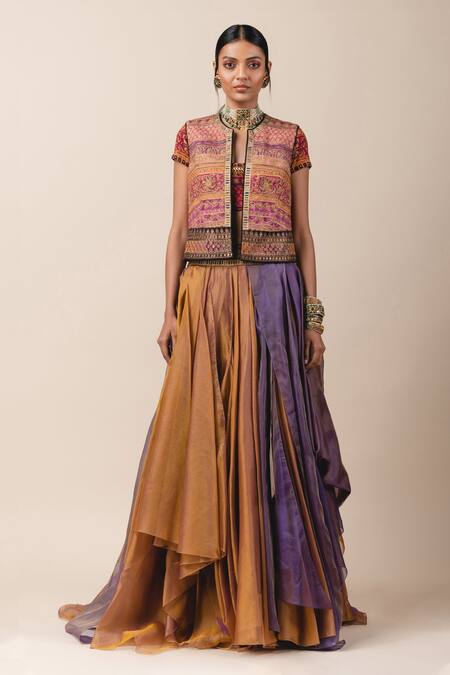 Tarun Tahiliani_Pink Matka Silk Round Embroidered Gillet_Online_at_Aza_Fashions