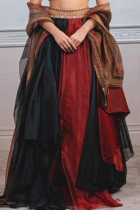 Shop Tarun Tahiliani Black Organza Scoop Neck Draped Skirt Set Online at Aza Fashions Shop_Tarun Tahiliani_Black Organza Scoop Neck Draped Skirt Set_Online_at_Aza_Fashions