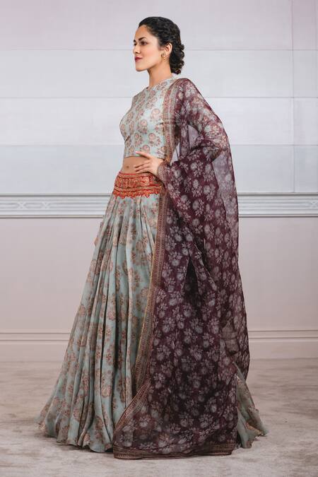 Tarun Tahiliani_Grey Organza, Jersey Round Floral Print Lehenga Set_Online_at_Aza_Fashions