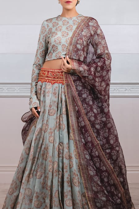Buy_Tarun Tahiliani_Grey Organza, Jersey Round Floral Print Lehenga Set_Online_at_Aza_Fashions