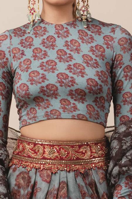 Tarun Tahiliani_Grey Silk, Satin Organza, Jersey Round Floral Print Lehenga Set_Online_at_Aza_Fashions