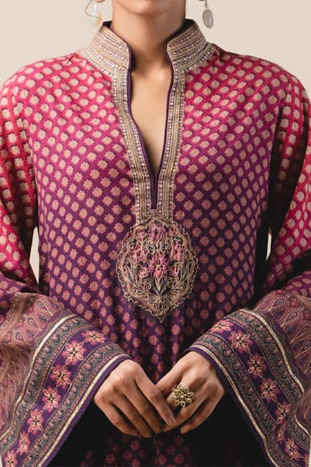 Tarun Tahiliani_Purple Handloom Cotton Mandarin Collar Kurta And Pant Set_Online_at_Aza_Fashions