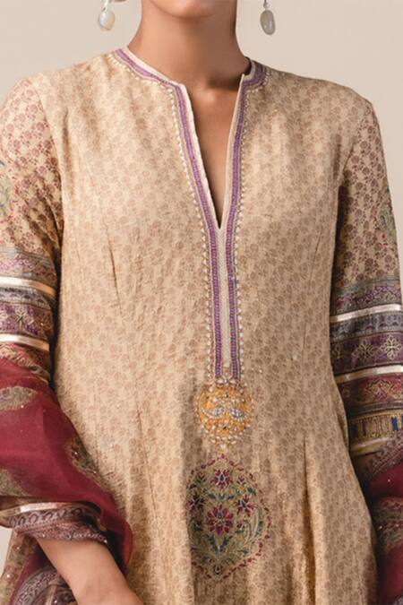 Tarun Tahiliani_Beige , Matka V Neck Kalidar Kurta And Pant Set_Online_at_Aza_Fashions