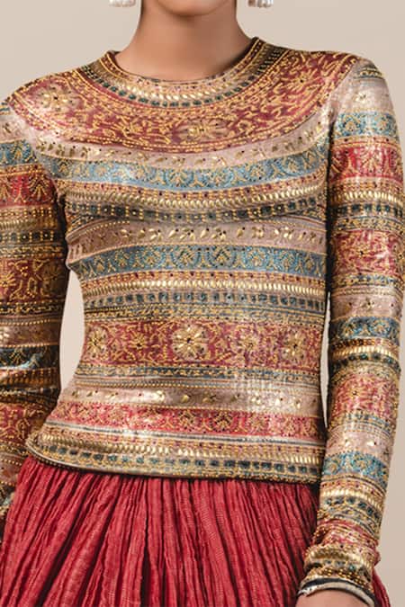 Buy_Tarun Tahiliani_Red Foil Jersey Round Printed T-shirt_Online_at_Aza_Fashions