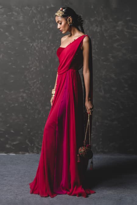 Tarun Tahiliani Red Chiffon Embroidery Asymmetric One Shoulder Draped Saree Gown 