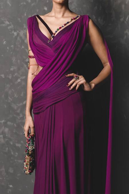 Tarun Tahiliani_Purple Chiffon V Neck Draped Saree Gown_Online_at_Aza_Fashions