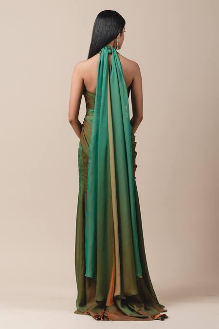 Shop Tarun Tahiliani Green Georgette Halter Draped Saree Gown at Aza Fashions Shop_Tarun Tahiliani_Green Georgette Halter Draped Saree Gown_at_Aza_Fashions