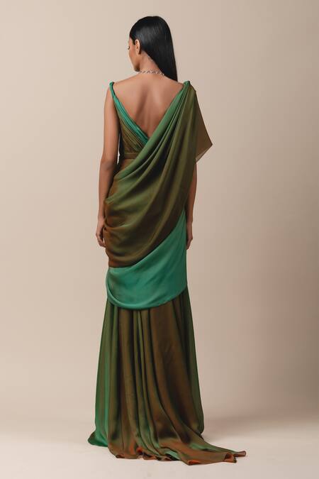 Shop_Tarun Tahiliani_Green Georgette V Neck Draped Saree Gown_at_Aza_Fashions