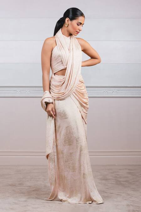 Tarun Tahiliani_White Lame Jersey Halter Pre-draped Saree Set_Online_at_Aza_Fashions