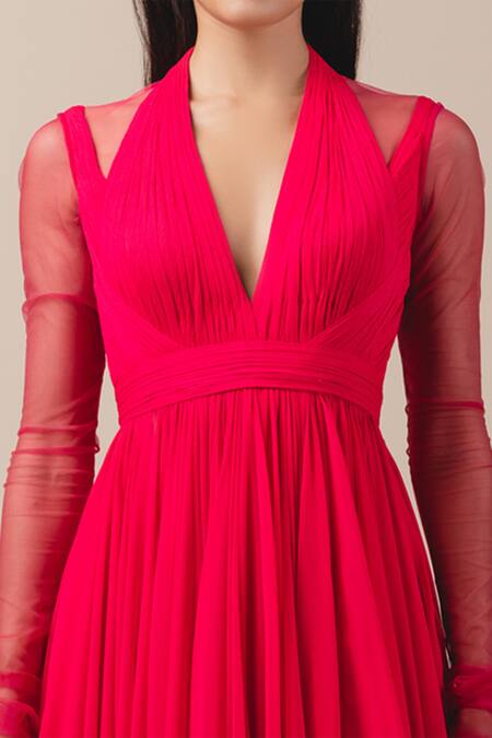 Tarun Tahiliani_Pink Poly Georgette, Stretch Net V Neck Gathered Anarkali Set_Online_at_Aza_Fashions