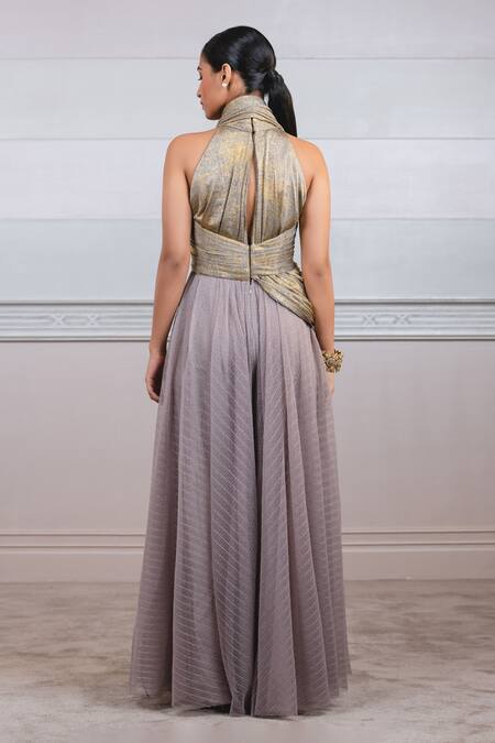 Shop Tarun Tahiliani Grey Tulle High Neck Draped Jumpsuit at Aza Fashions Shop_Tarun Tahiliani_Grey Tulle High Neck Draped Jumpsuit_at_Aza_Fashions