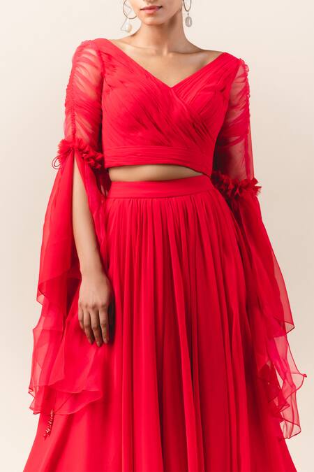 Buy_Tarun Tahiliani_Red Georgette V Neck Draped Blouse And Lehenga Set_Online_at_Aza_Fashions