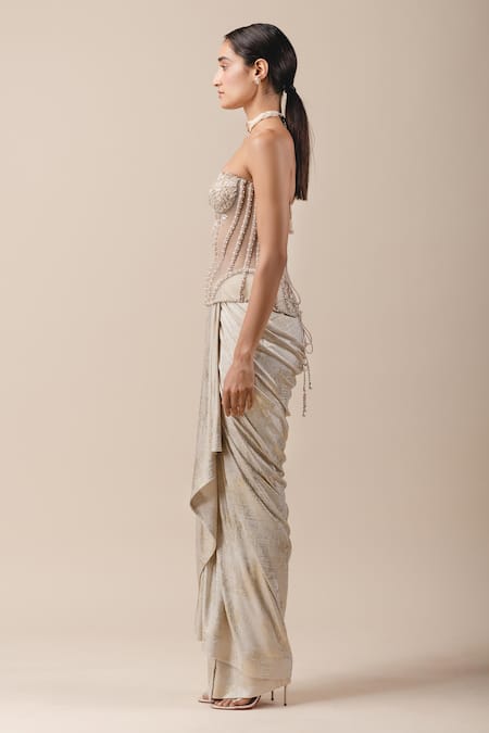 Buy_Tarun Tahiliani_White Silk, Foil Jersey Sweetheart Neck Balloon Cape And Draped Skirt Set_Online_at_Aza_Fashions