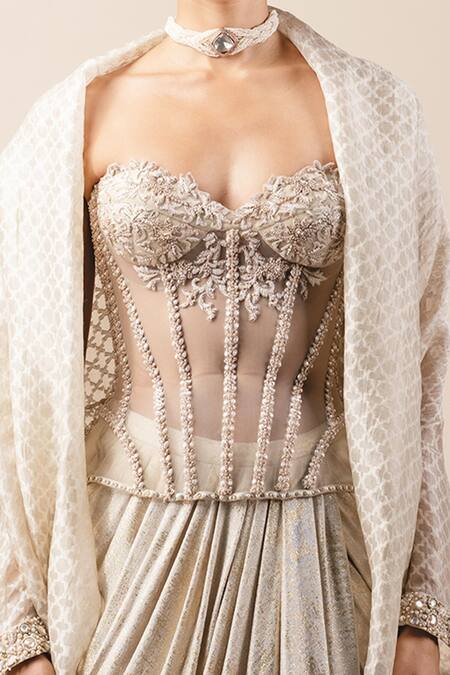 Shop_Tarun Tahiliani_White Silk, Foil Jersey Sweetheart Neck Balloon Cape And Draped Skirt Set_Online_at_Aza_Fashions