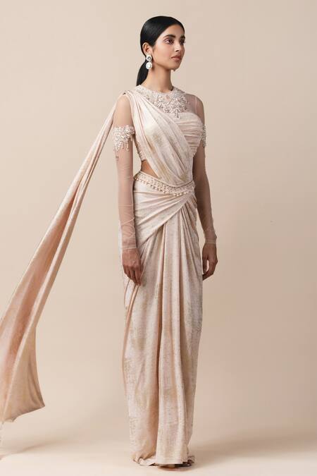 Tarun Tahiliani_Pink Round Metallic Draped Saree With Blouse_Online_at_Aza_Fashions