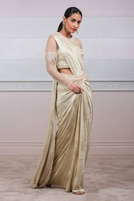 Tarun Tahiliani_Gold Lame Jersey Round Metallic Pre-draped Saree Set_Online_at_Aza_Fashions