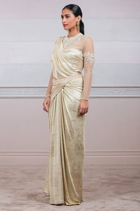 Buy_Tarun Tahiliani_Gold Lame Jersey Round Metallic Pre-draped Saree Set_Online_at_Aza_Fashions