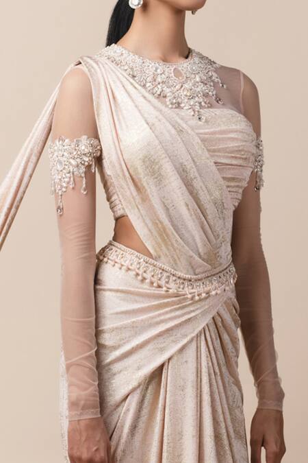 Tarun Tahiliani_Pink Round Metallic Draped Saree With Blouse_at_Aza_Fashions