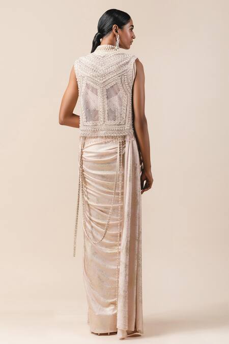 Shop Tarun Tahiliani Pink Tulle Mandarin Collar Bead Tassel Gillet at Aza Fashions Shop_Tarun Tahiliani_Pink Tulle Mandarin Collar Bead Tassel Gillet_at_Aza_Fashions