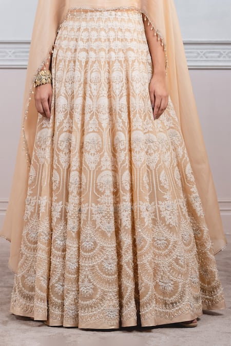 Tarun Tahiliani_Peach Satin Organza, Sheer Silk Round Embroidered Cape Anarkali _at_Aza_Fashions