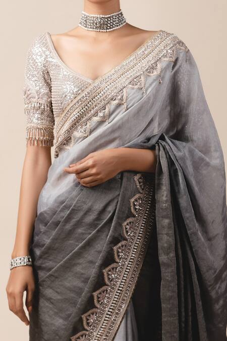 Tarun Tahiliani_Grey Georgette, Silk Tissue U Neck Embroidered Saree With Blouse_Online_at_Aza_Fashions