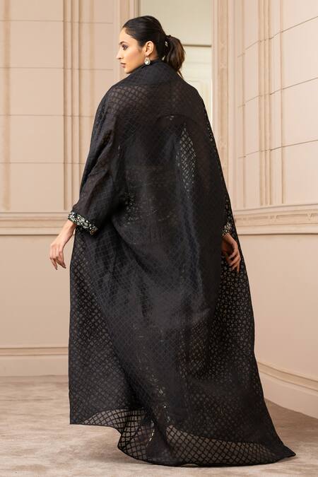 Shop_Tarun Tahiliani_Black Foil Jersey Geometric Cape Open Balloon And Draped Skirt Set_at_Aza_Fashions