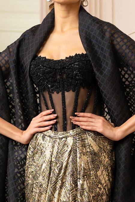 Shop_Tarun Tahiliani_Black Foil Jersey Geometric Cape Open Balloon And Draped Skirt Set_Online_at_Aza_Fashions