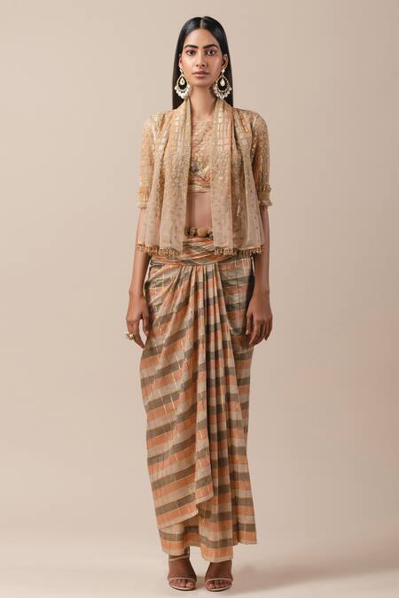 Tarun Tahiliani_Yellow Italian Tulle Draped Sheer Gillet_Online_at_Aza_Fashions