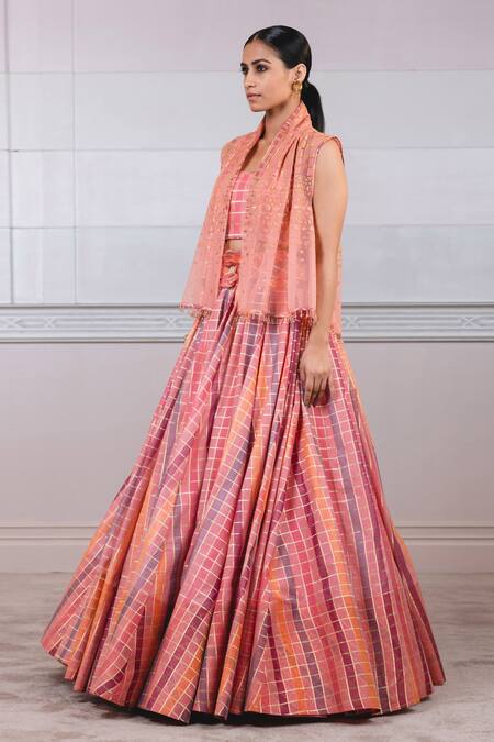 Tarun Tahiliani_Pink Check Fabric, Italian Tulle Open Embroidered Gilet_Online_at_Aza_Fashions