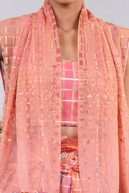 Buy_Tarun Tahiliani_Pink Check Fabric, Italian Tulle Open Embroidered Gilet_Online_at_Aza_Fashions