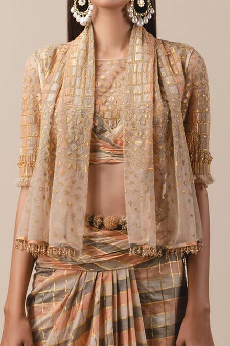 Buy_Tarun Tahiliani_Yellow Italian Tulle Draped Sheer Gillet_Online_at_Aza_Fashions